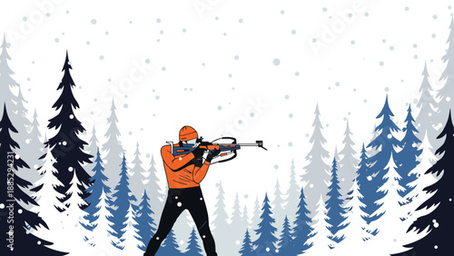 Winter biathlon scene with snowy forest and skier in orange