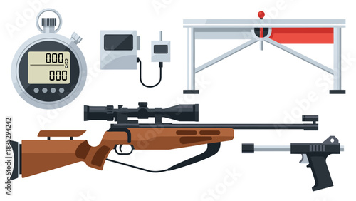 Biathlon equipment set: stopwatch, rifle, tripod in detailed flat design