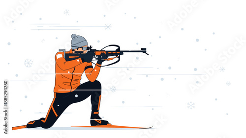 Biathlon athlete aiming rifle in winter snowy sports scene