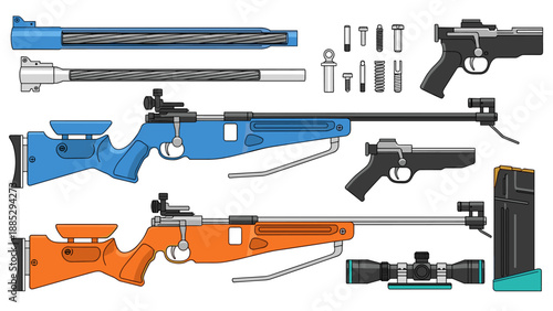 Detailed blueprint of modern firearms with rifle parts and accessories