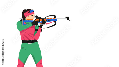 Biathlon woman in colorful winter sportswear aiming rifle