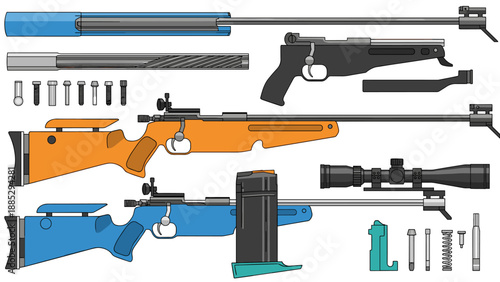Detailed design of colorful bolt-action rifles and components