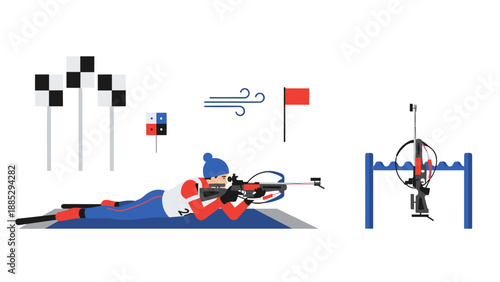 Biathlon sport competition: shooting and skiing performance in minimalist art
