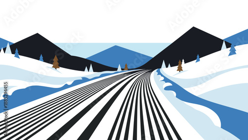 Winter scenic road with snow-capped mountains in minimalist style