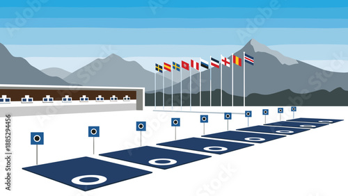 Shooting range with flags and mountains in background