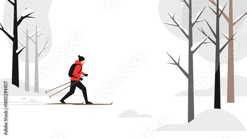 Minimalist winter skiing scene with cross country skier in snowy forest