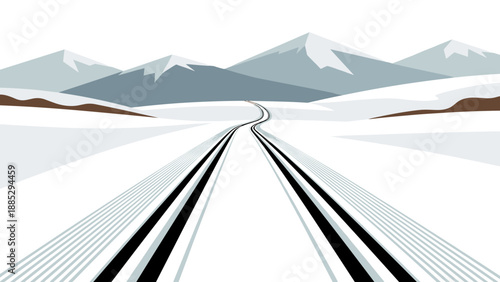 Minimalist snowy mountain landscape with rail tracks and clear sky