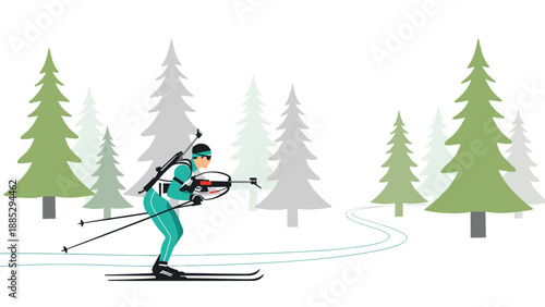 Biathlon athlete skiing through snowy forest in minimalist design