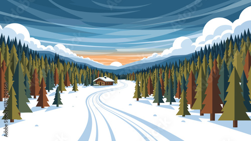 Winter cabin retreat in snowy forest with dramatic sky at sunset