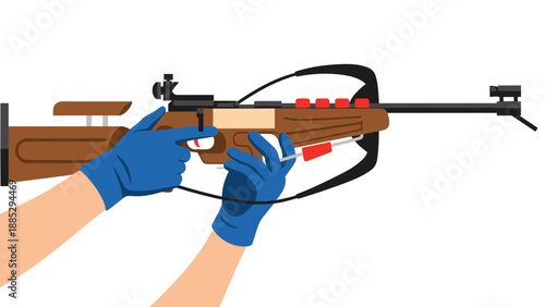 Biathlon rifle in flat design with gloved hands in action