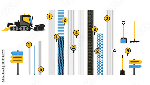 Construction equipment and tools with safety signs in a modern flat design