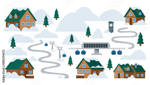 Cozy winter village with ski resort elements and scenic snowy mountains