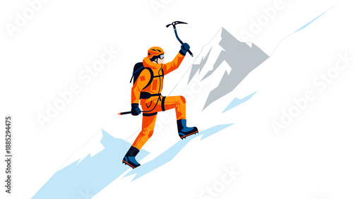 Mountain climber in orange gear scaling snowy peaks in minimalist style
