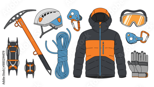 Essential winter mountaineering gear in modern flat design for adventurous climbers