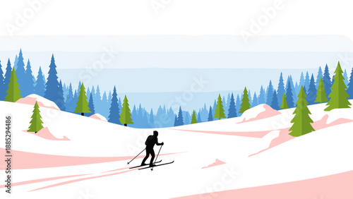Silhouette of cross-country skier in scenic winter forest landscape with evergreen trees