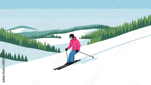 Winter adventure: person skiing downhill in scenic mountain landscape