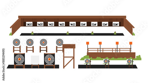 Flat style shooting range with targets and wooden structures