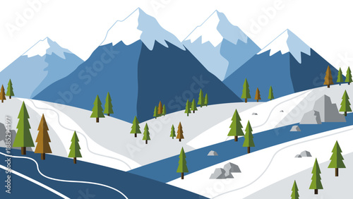 Scenic winter mountains with snow and pine trees in flat design