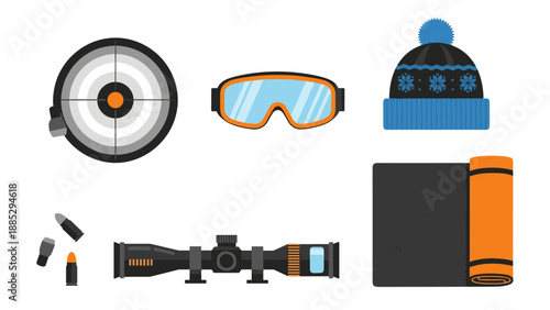 Winter sports gear set featuring target, goggles, warm hat, rifle scope, and yoga mat