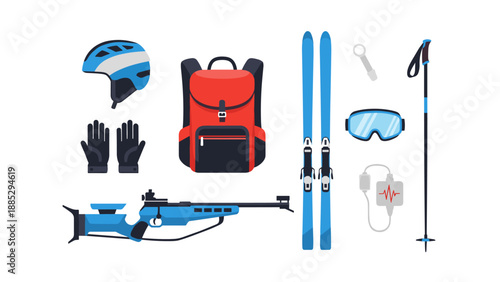 Winter sports equipment set featuring skis, helmet, backpack, and more in flat style