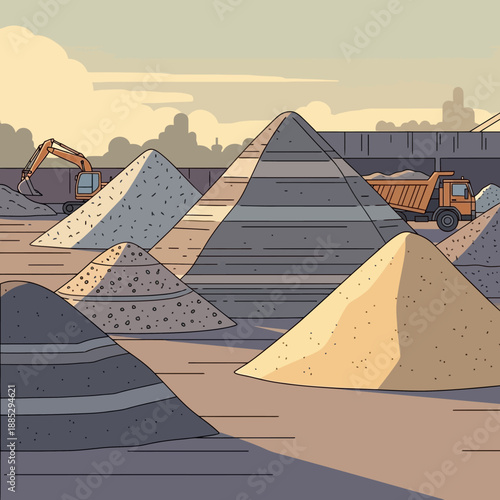 Industrial Stockpile Yard Illustration: Heavy Equipment, Dump Truck, and Excavator near Piles of Sand and Gravel Aggregates at Construction Site