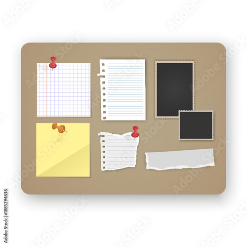 Cork board mockup with various paper notes and photo frames pinned with colorful pushpins. The set includes a torn piece of notebook paper, blank photo placeholders, perfect for vision boards, organiz
