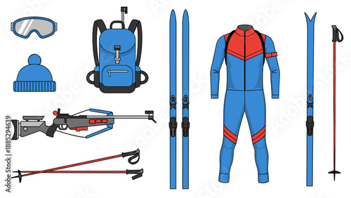 Winter sports gear: ski equipment, biathlon rifle, and snow outfit essentials