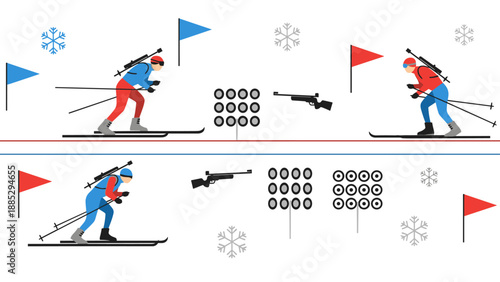 Biathlon skiing competition featuring two athletes in motion with rifles and snowflakes