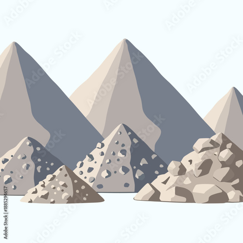Minimalist Geometric Piles of Construction Aggregate and Sand. Abstract 3D Illustration of Raw Materials Heaps and Pyramids on White Background.