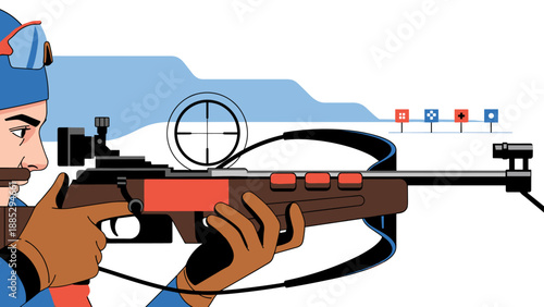 Precision shooting athlete aiming at target with rifle in modern graphic style