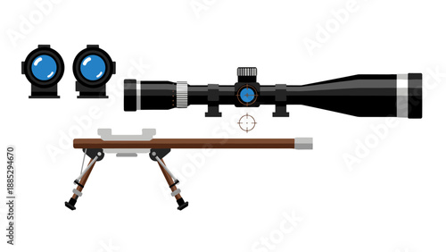 Precision rifle accessories set with scope and bipod in modern flat design