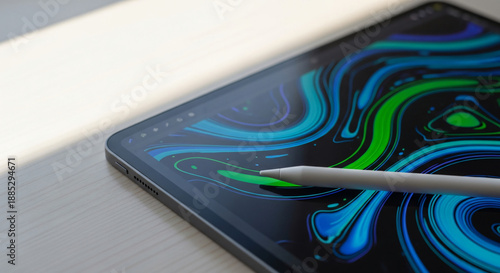 A close-up shot of a modern tablet with a stylus resting on its screen, displaying a vibrant abstract blue and green swirling pattern.