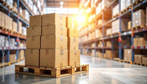 Stacked cardboard boxes on a wooden pallet in a warehouse aisle under warm sunlight, symbolizing logistics, storage, and supply chain management for e-commerce fulfillment and distribution operations