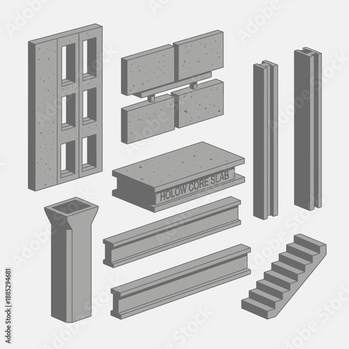 Precast Concrete Structural Elements Set: Isometric Diagram of Hollow Core Slab, Wall Panels, I-Beams, Columns, and Stairs for Modular Building Construction.