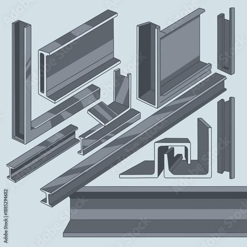 Structural Steel Profiles Collection: I-Beam, H-Beam, Channel, Angle Bar, and Metal Tube Shapes Diagram