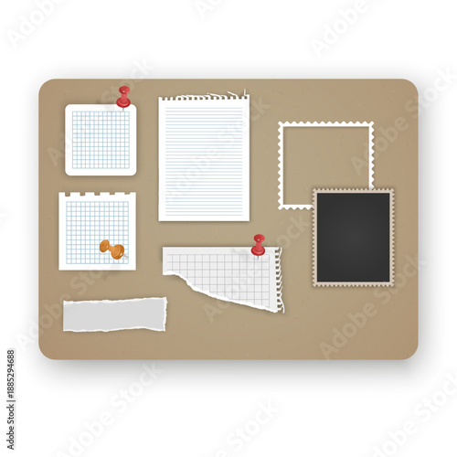 Cork board mockup with various paper notes and photo frames pinned with colorful pushpins. The set includes a torn piece of notebook paper, blank photo placeholders, perfect for vision boards, organiz