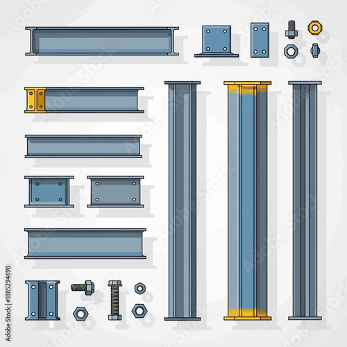 Structural Steel Beam and Column Vector Icon Set. Heavy Industry Construction Materials, Support Framework Elements, Plates, and Fasteners.