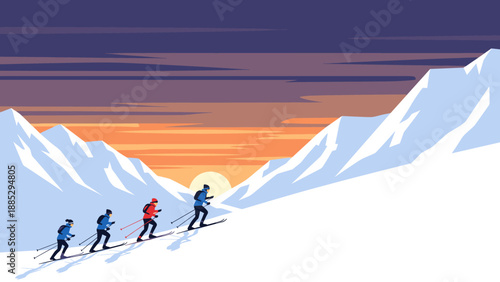 Cross-country skiers on mountain at sunset