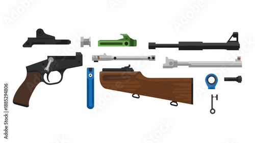 Detailed breakdown of rifle components and parts in colorful flat design