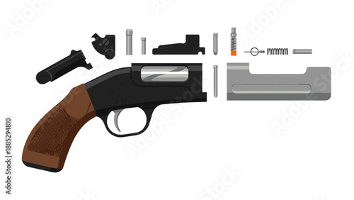 Exploded diagram of a pistol showing detailed components and mechanism
