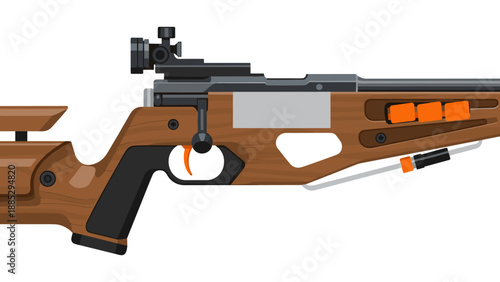 Modern biathlon rifle design with wooden finish and accessories