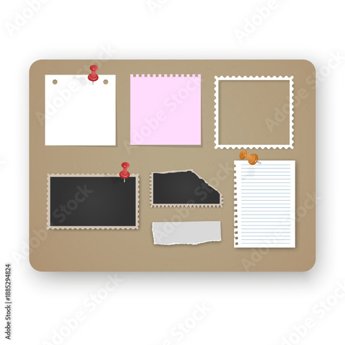Cork board mockup with various paper notes and photo frames pinned with colorful pushpins. The set includes a torn piece of notebook paper, blank photo placeholders, perfect for vision boards, organiz