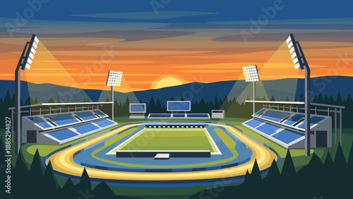 Evening stadium view with track and field under stadium lights at sunset