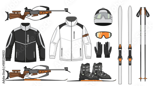 Winter sports equipment featuring biathlon tools, ski gear, and alpine accessories