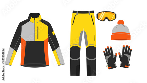Ski gear set with jacket, pants, gloves, goggles, and beanie in flat design