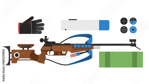 Biathlon equipment essentials: rifle, gloves, ammunition, mat in flat design