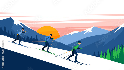 Sunset skiing adventure: three skiers descend snowy mountain slope with majestic background
