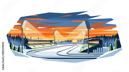 Colorful sunset over winter sports stadium with track and seating under spotlights