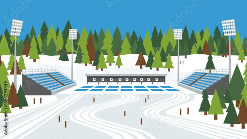 Winter sports arena in snowy forest landscape with biathlon track and spectator stands under clear blue sky