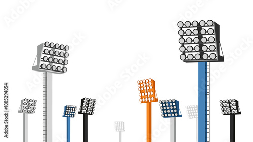 Colorful stadium floodlights in minimalist urban setting